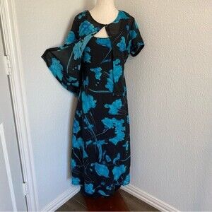 Premier International Maxi Dress & Jacket Blue Blk Floral Sexy Lightweight SZ M